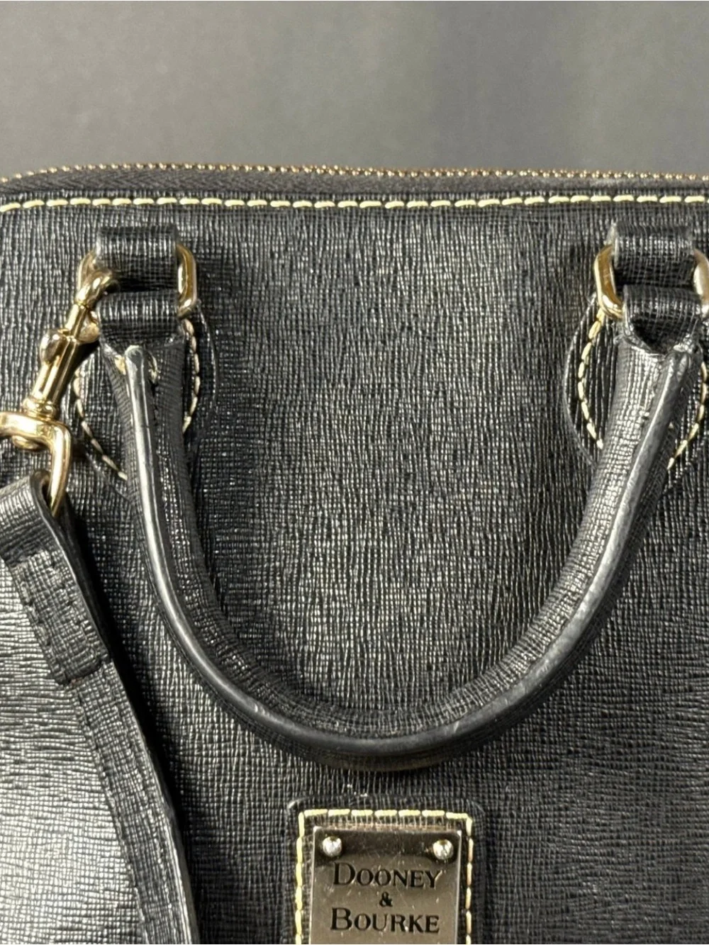 Dooney & Bourke Saffiano Leather Black Handbag with Gold Plaque